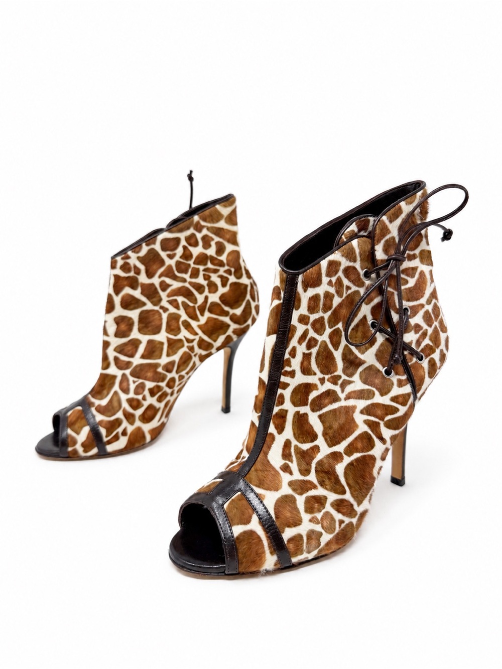 Manolo Blahnik Giraffe Print Pony Hair Lace Up Bootie Heels Womens EU 37